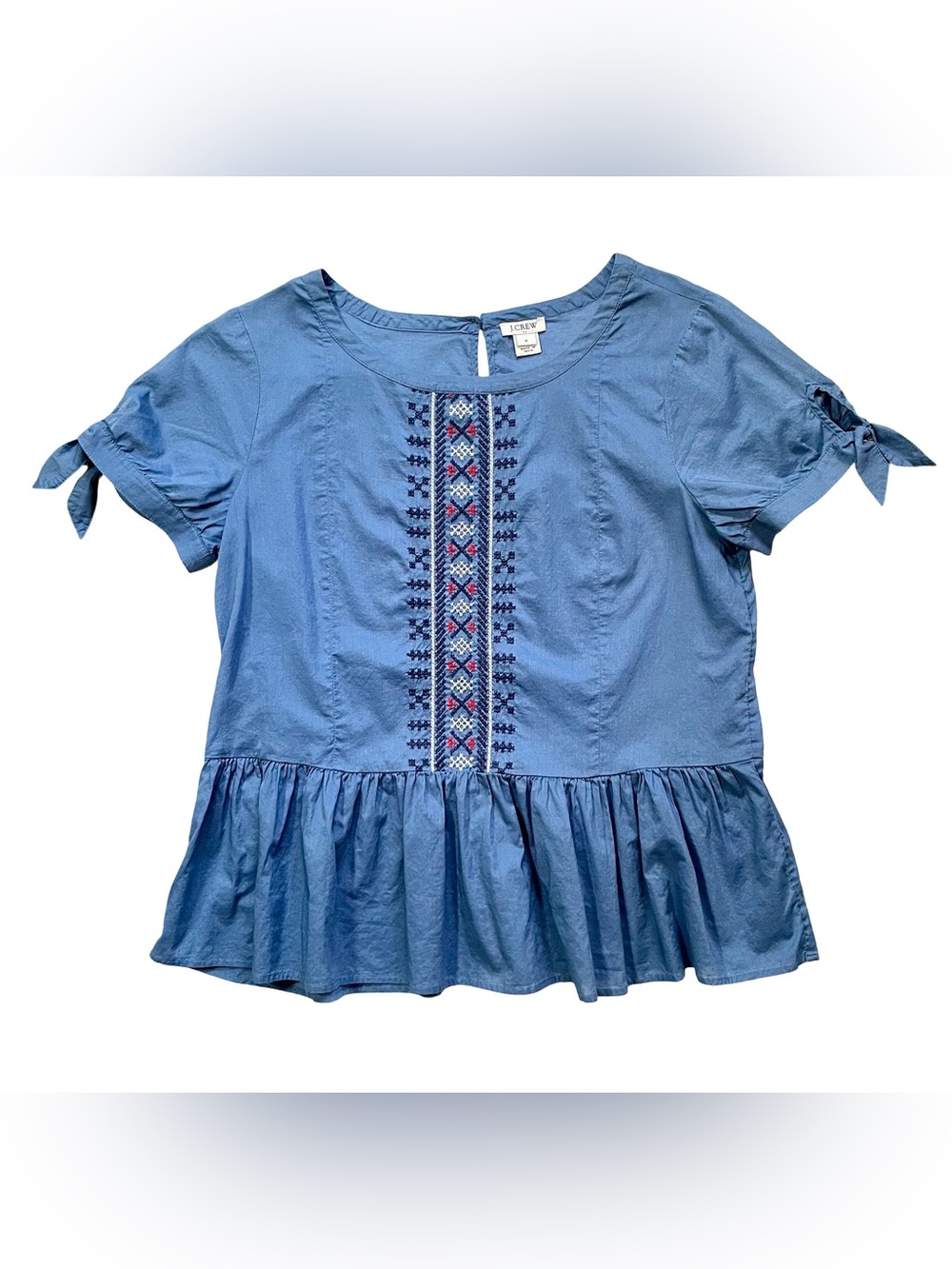 J.Crew Embroidered Tie-Sleeve Peplum Top Size 6 - Picture 2 of 5